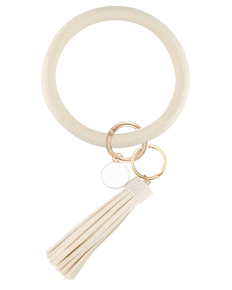 Weixiltc Large Circle Key Ring Leather Tassel Bracelet Holder Keychain Keyring For Women Girl (Beige) - Image 1